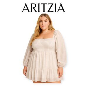 Aritzia Wilfred Tempest Fairycore Chiffon Mini Dress 2XL Smocked Sleeves Romance
